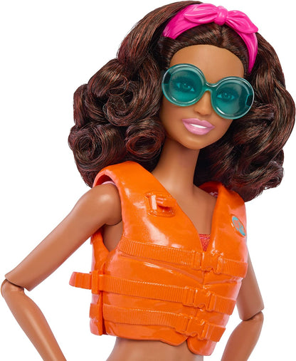 Barbie Doll with Surfboard and Pet Puppy, Poseable Brunette Beach Doll with Themed Accessories like Towel and Stereo, HPL69