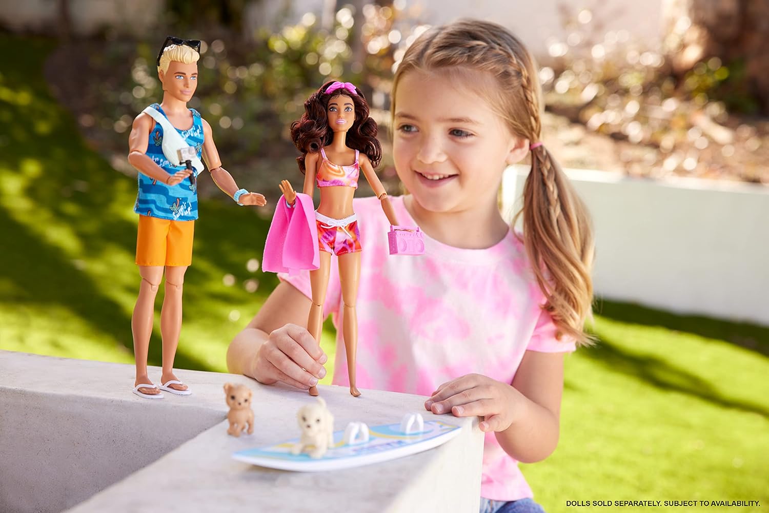 Barbie Doll with Surfboard and Pet Puppy, Poseable Brunette Beach Doll with Themed Accessories like Towel and Stereo, HPL69