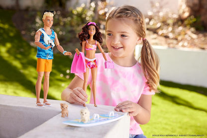 Barbie Doll with Surfboard and Pet Puppy, Poseable Brunette Beach Doll with Themed Accessories like Towel and Stereo, HPL69