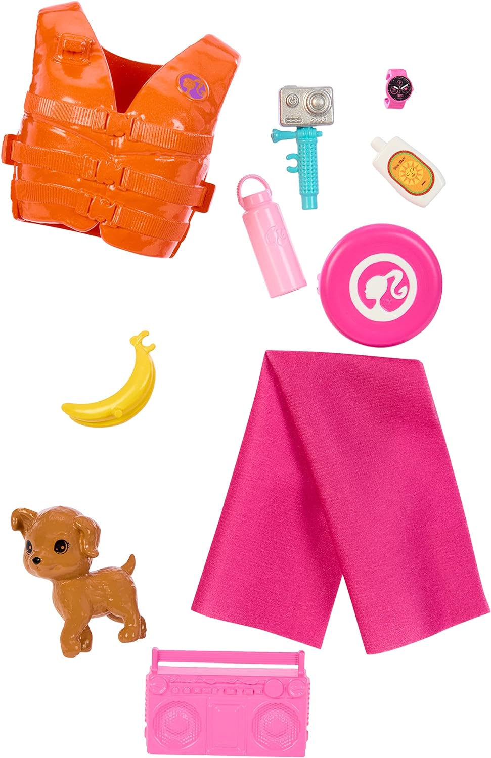 Barbie Doll with Surfboard and Pet Puppy, Poseable Brunette Beach Doll with Themed Accessories like Towel and Stereo, HPL69