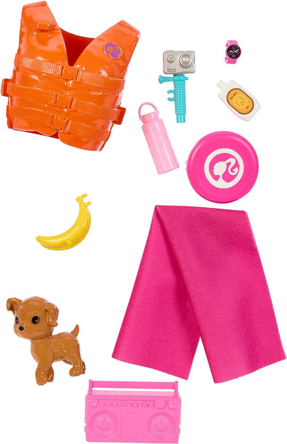 Barbie Doll with Surfboard and Pet Puppy, Poseable Brunette Beach Doll with Themed Accessories like Towel and Stereo, HPL69