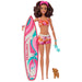 Barbie Doll with Surfboard and Pet Puppy, Poseable Brunette Beach Doll with Themed Accessories like Towel and Stereo, HPL69