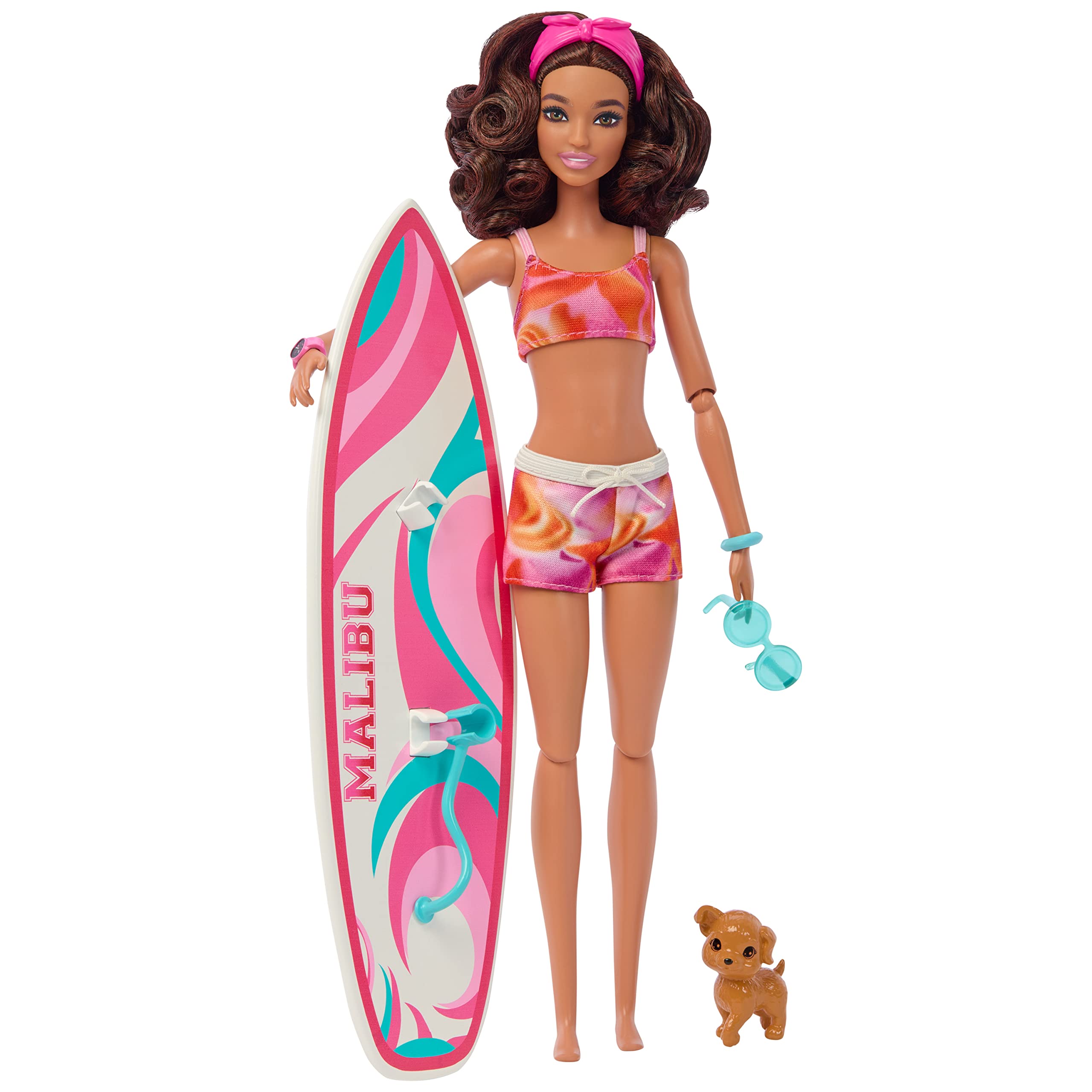 Barbie Doll with Surfboard and Pet Puppy, Poseable Brunette Beach Doll with Themed Accessories like Towel and Stereo, HPL69