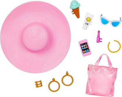 Barbie Doll, Malibu Barbie with Long Blonde Hair, Pink and White Swimsuit, Pink Sun Hat, Tote Bag, and Beach Themed Doll Accessories, Toys for Ages 3 and Up, One Doll, HPL73