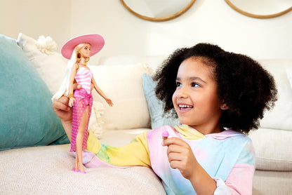 Barbie Doll, Malibu Barbie with Long Blonde Hair, Pink and White Swimsuit, Pink Sun Hat, Tote Bag, and Beach Themed Doll Accessories, Toys for Ages 3 and Up, One Doll, HPL73