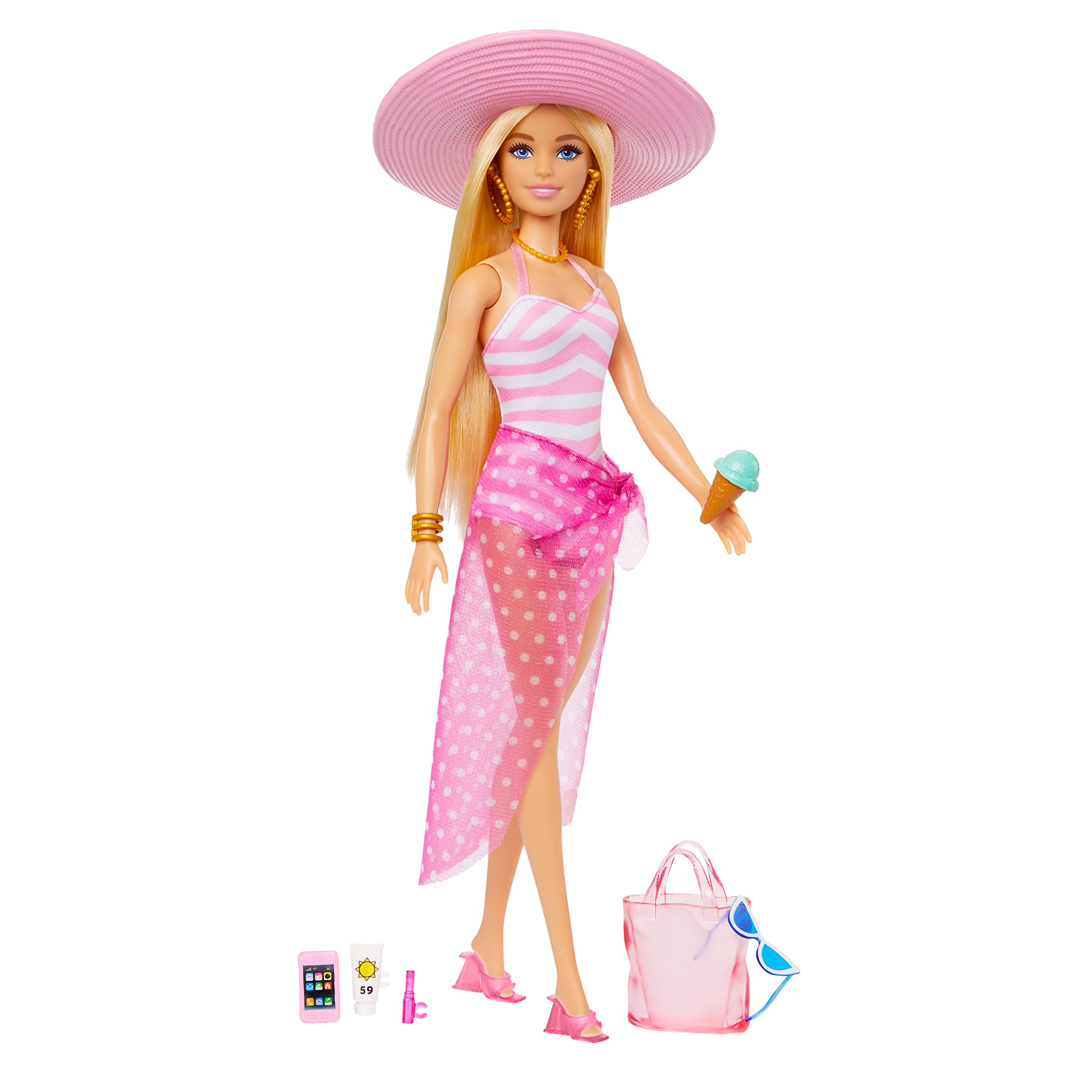 Barbie Doll, Malibu Barbie with Long Blonde Hair, Pink and White Swimsuit, Pink Sun Hat, Tote Bag, and Beach Themed Doll Accessories, Toys for Ages 3 and Up, One Doll, HPL73