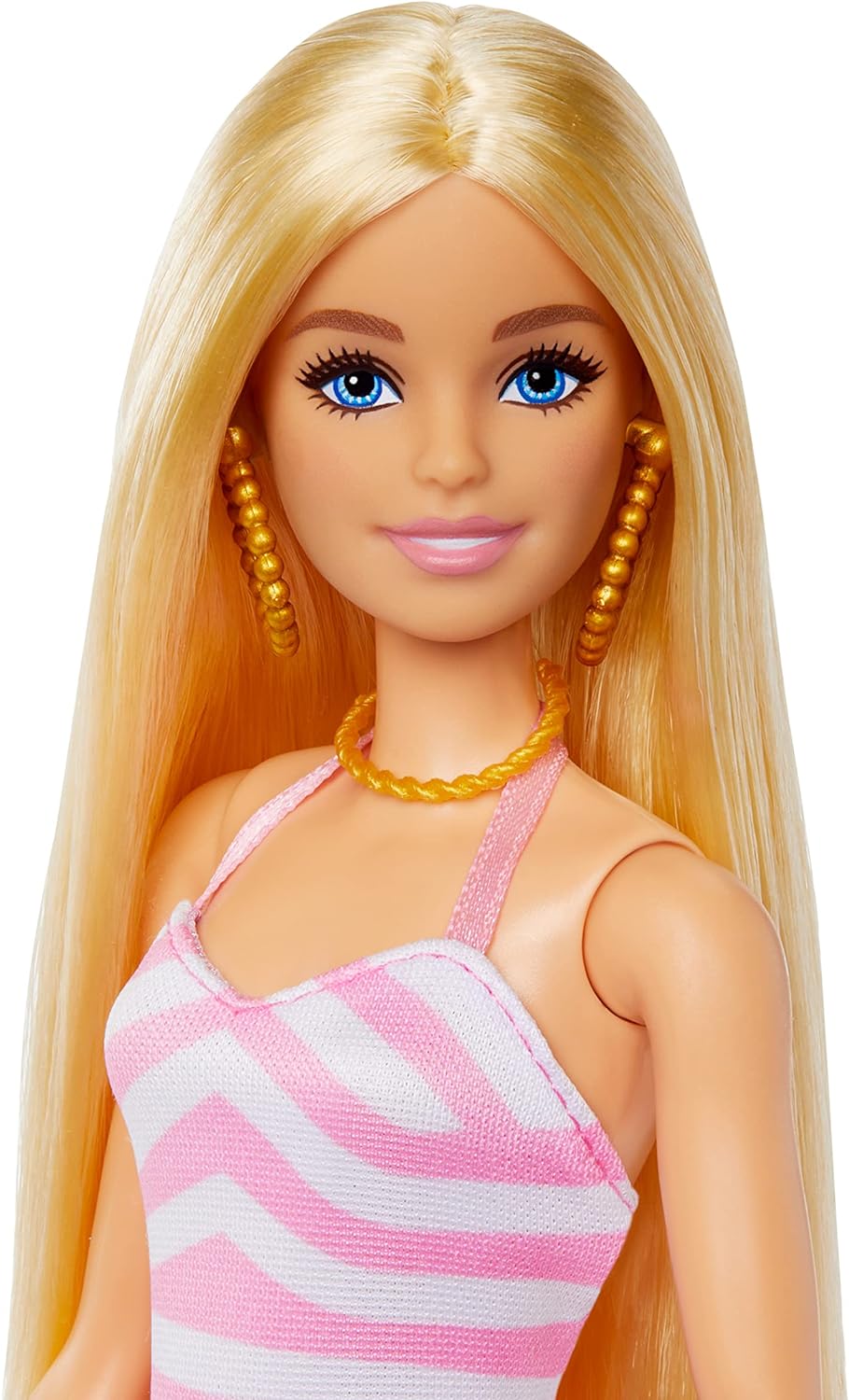 Barbie Doll, Malibu Barbie with Long Blonde Hair, Pink and White Swimsuit, Pink Sun Hat, Tote Bag, and Beach Themed Doll Accessories, Toys for Ages 3 and Up, One Doll, HPL73
