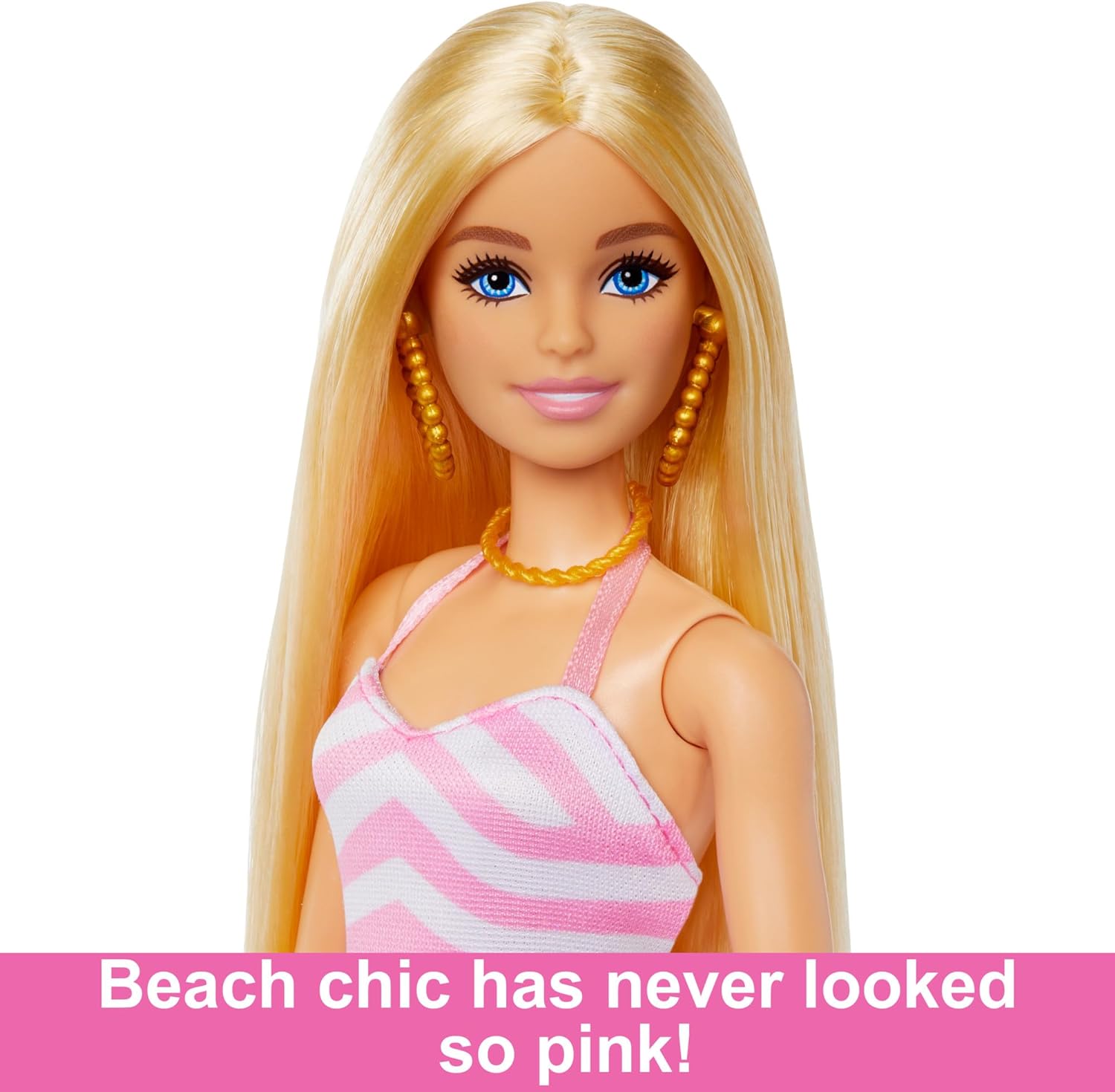 Barbie Doll, Malibu Barbie with Long Blonde Hair, Pink and White Swimsuit, Pink Sun Hat, Tote Bag, and Beach Themed Doll Accessories, Toys for Ages 3 and Up, One Doll, HPL73