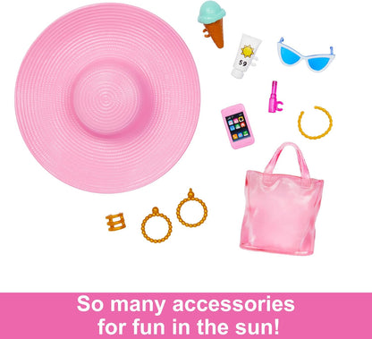 Barbie Doll, Malibu Barbie with Long Blonde Hair, Pink and White Swimsuit, Pink Sun Hat, Tote Bag, and Beach Themed Doll Accessories, Toys for Ages 3 and Up, One Doll, HPL73