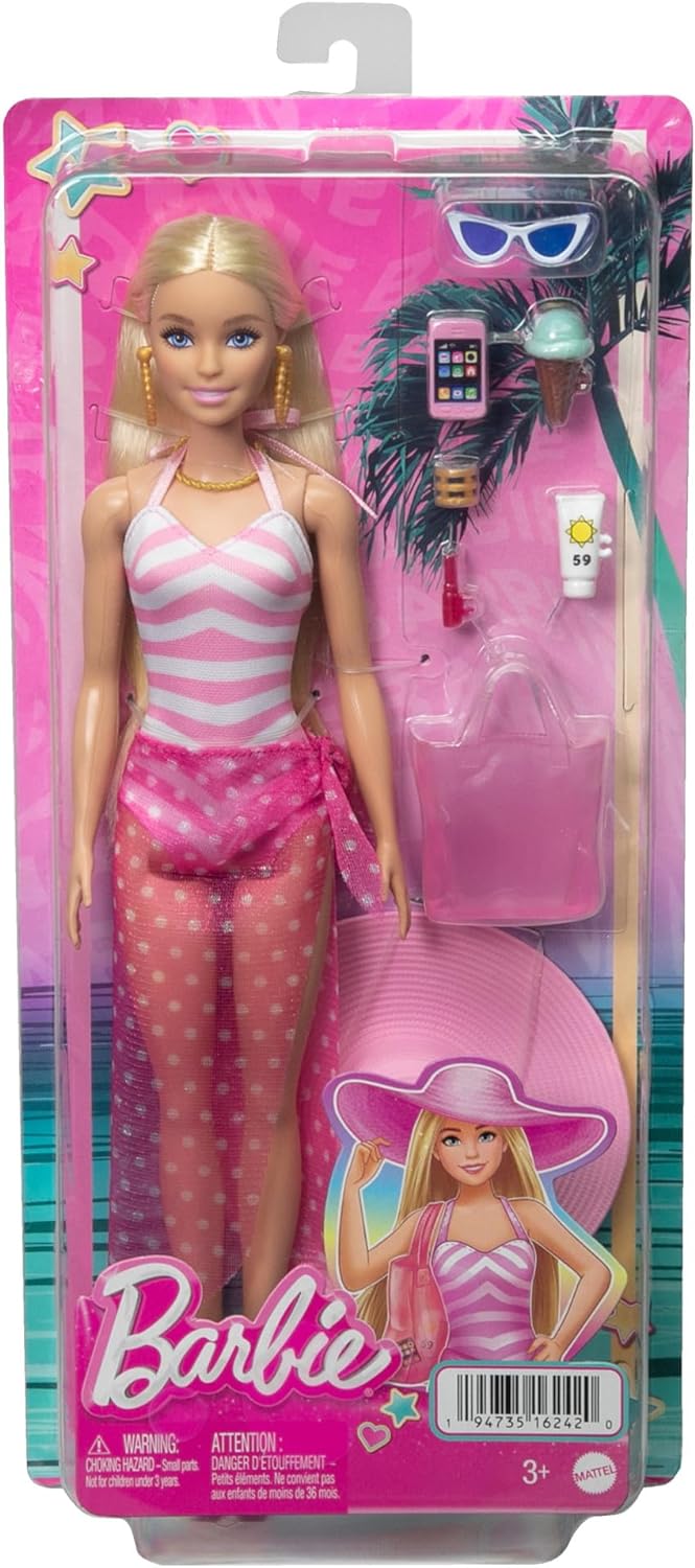 Barbie Doll, Malibu Barbie with Long Blonde Hair, Pink and White Swimsuit, Pink Sun Hat, Tote Bag, and Beach Themed Doll Accessories, Toys for Ages 3 and Up, One Doll, HPL73