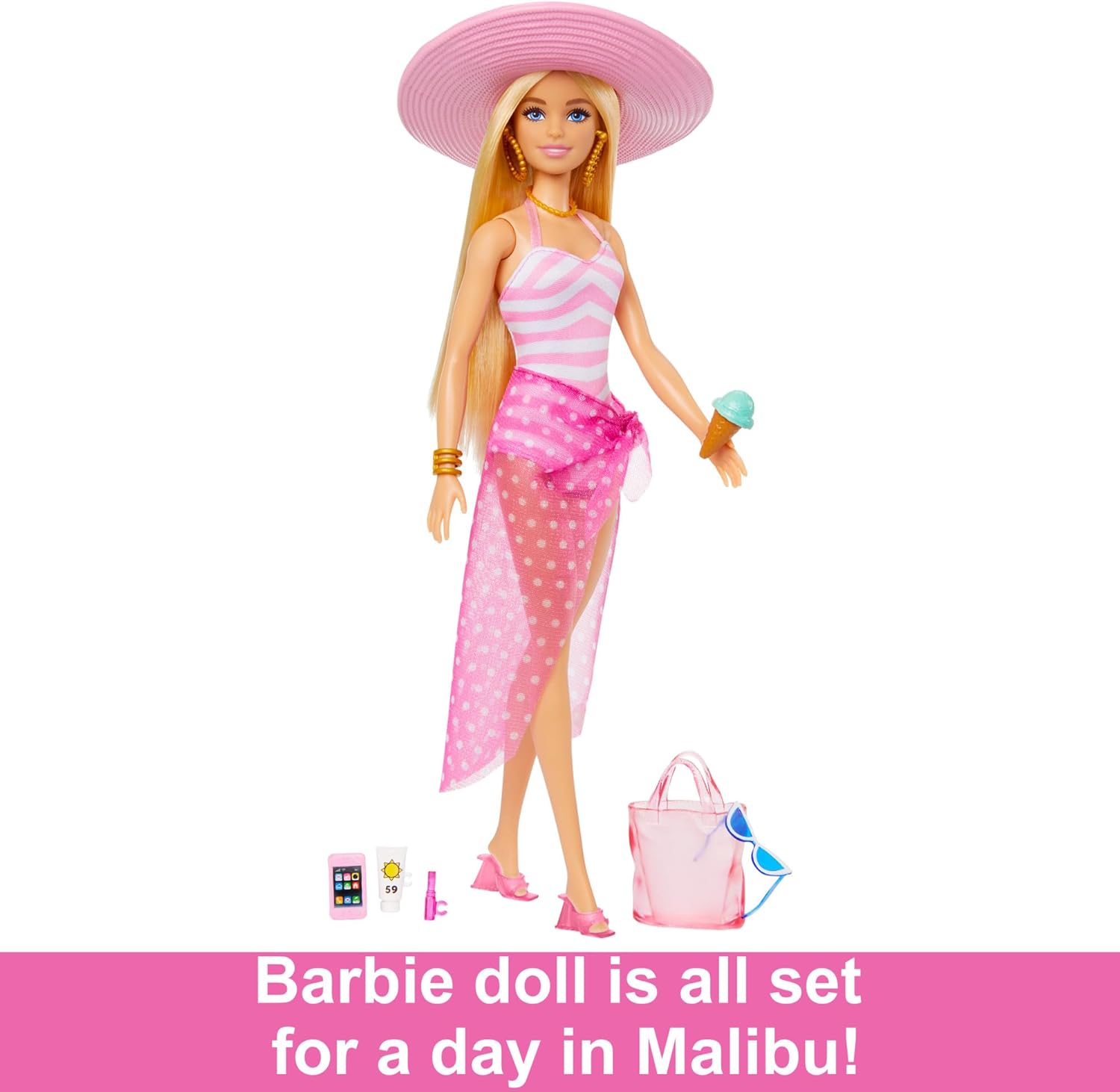 Barbie Doll, Malibu Barbie with Long Blonde Hair, Pink and White Swimsuit, Pink Sun Hat, Tote Bag, and Beach Themed Doll Accessories, Toys for Ages 3 and Up, One Doll, HPL73