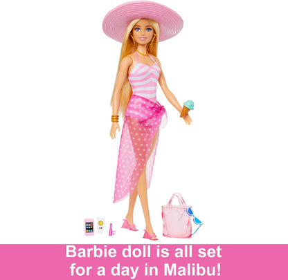 Barbie Doll, Malibu Barbie with Long Blonde Hair, Pink and White Swimsuit, Pink Sun Hat, Tote Bag, and Beach Themed Doll Accessories, Toys for Ages 3 and Up, One Doll, HPL73