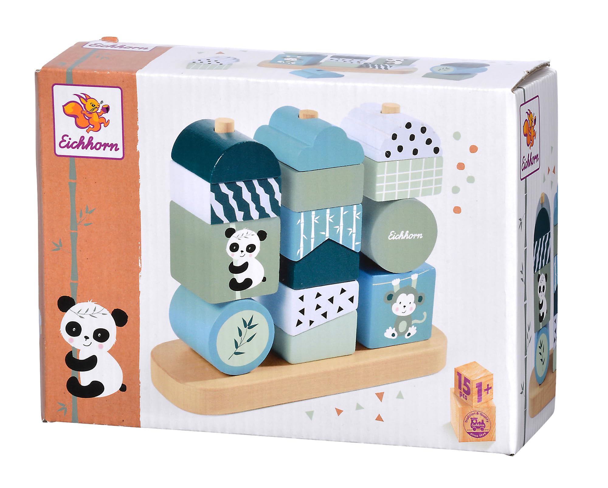 Eichhorn - Panda plug-in game with 14 building blocks to promote hand-eye coordination, motor skills toy made of birch wood, 6 x 16 x 12 cm, from 1 year