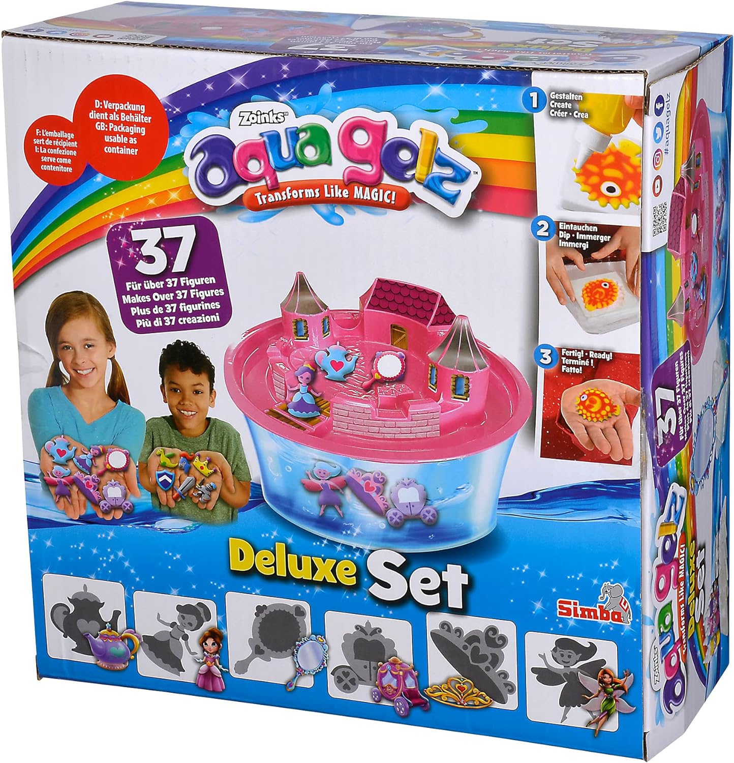 Simba 106322496 - Aqua Gelz Deluxe Princess Castle, Craft Set, Creative, 8 Bottles of Colour Gel, 6 Shapes, 5 x Additive Water Bowl, with Lock Attachment, Sticker, from 8 Years