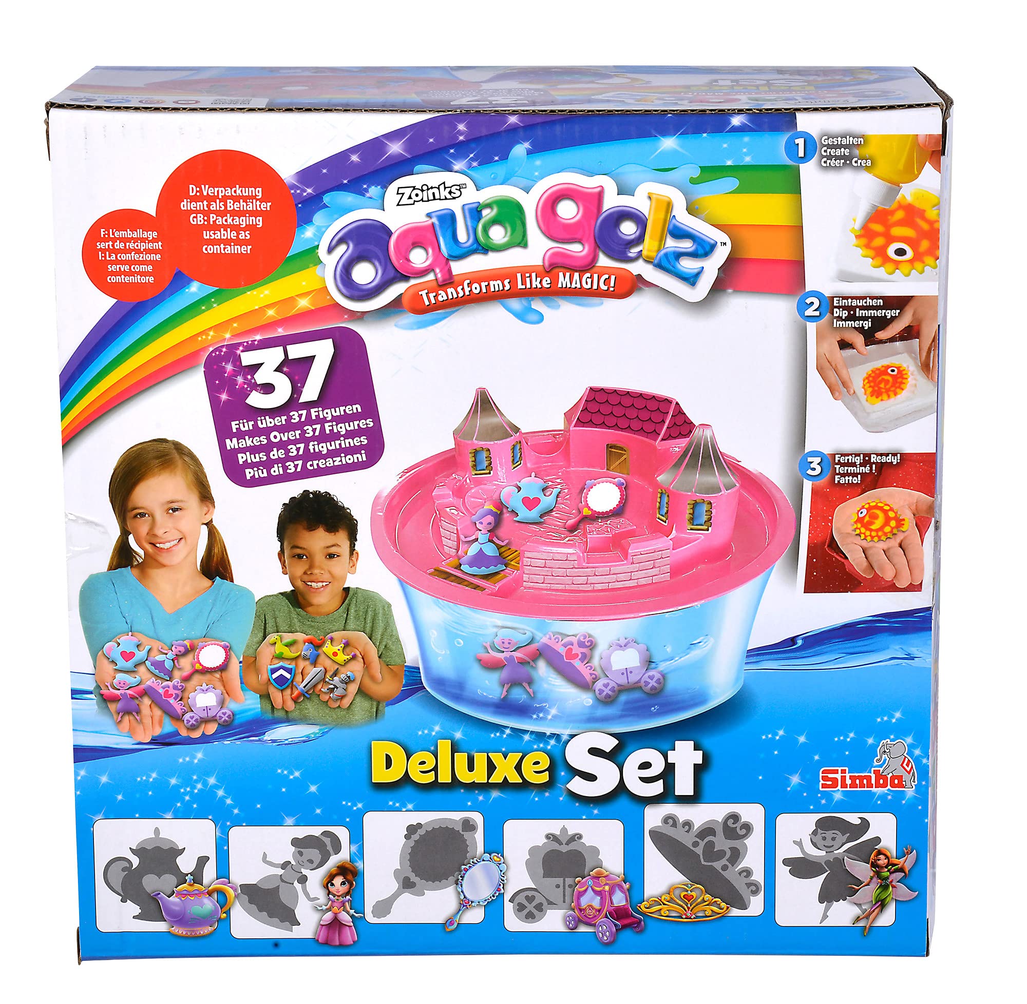 Simba 106322496 - Aqua Gelz Deluxe Princess Castle, Craft Set, Creative, 8 Bottles of Colour Gel, 6 Shapes, 5 x Additive Water Bowl, with Lock Attachment, Sticker, from 8 Years