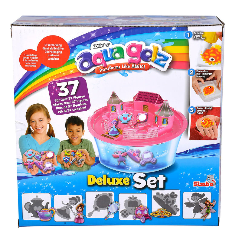 Simba 106322496 - Aqua Gelz Deluxe Princess Castle, Craft Set, Creative, 8 Bottles of Colour Gel, 6 Shapes, 5 x Additive Water Bowl, with Lock Attachment, Sticker, from 8 Years