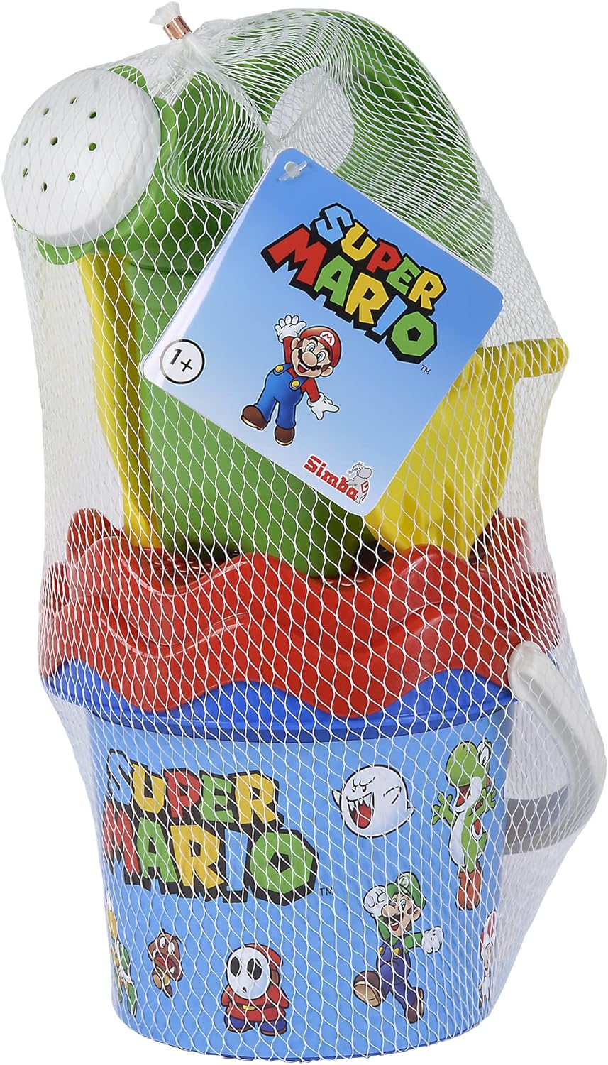 Simba 109234593 Sandspielzeug Super Mario Baby Set, Sand Toy, 5 Pieces, Bucket, Strainer, Shovel, Rake, Waterer, 11 cm, Diameter: 14 cm, from 10 Months, Green