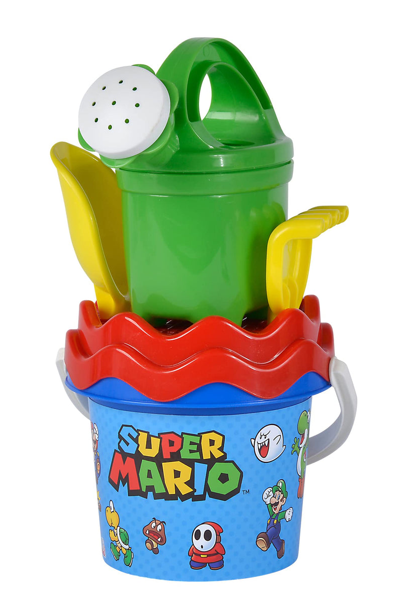 Simba 109234593 Sandspielzeug Super Mario Baby Set, Sand Toy, 5 Pieces, Bucket, Strainer, Shovel, Rake, Waterer, 11 cm, Diameter: 14 cm, from 10 Months, Green