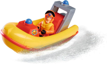 Simba 109252584 Fireman Sam Neptune with Elvis, drives on land and floats in the water, boat 17 cm, figure 7 cm, from 3 years