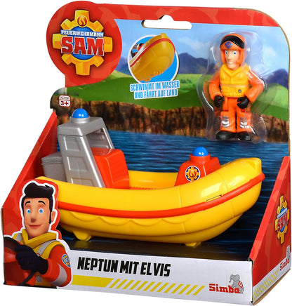 Simba 109252584 Fireman Sam Neptune with Elvis, drives on land and floats in the water, boat 17 cm, figure 7 cm, from 3 years