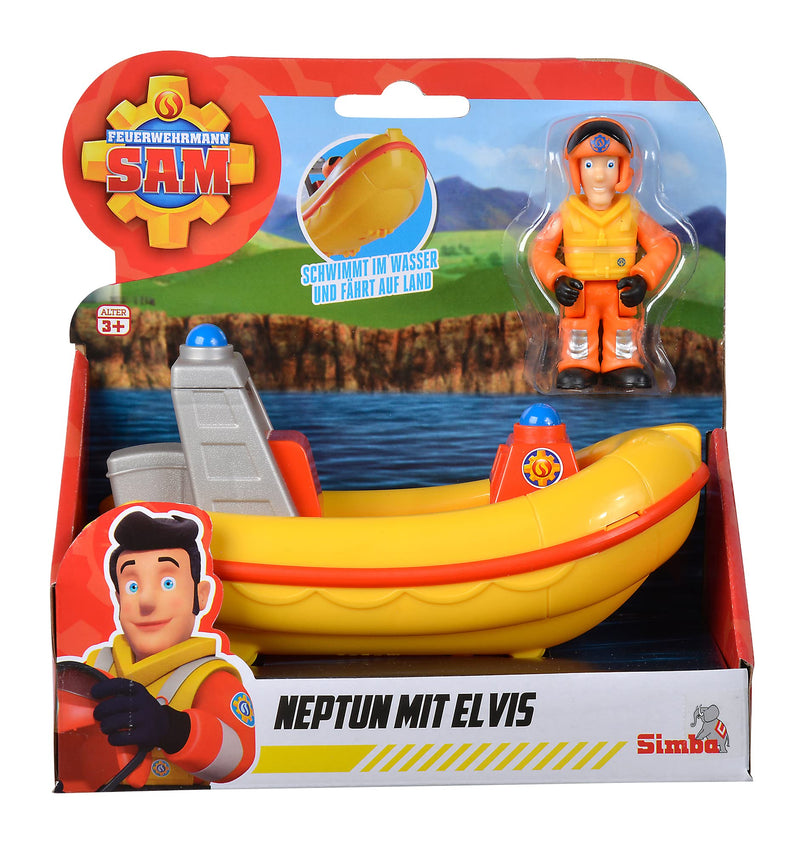 Simba 109252584 Fireman Sam Neptune with Elvis, drives on land and floats in the water, boat 17 cm, figure 7 cm, from 3 years