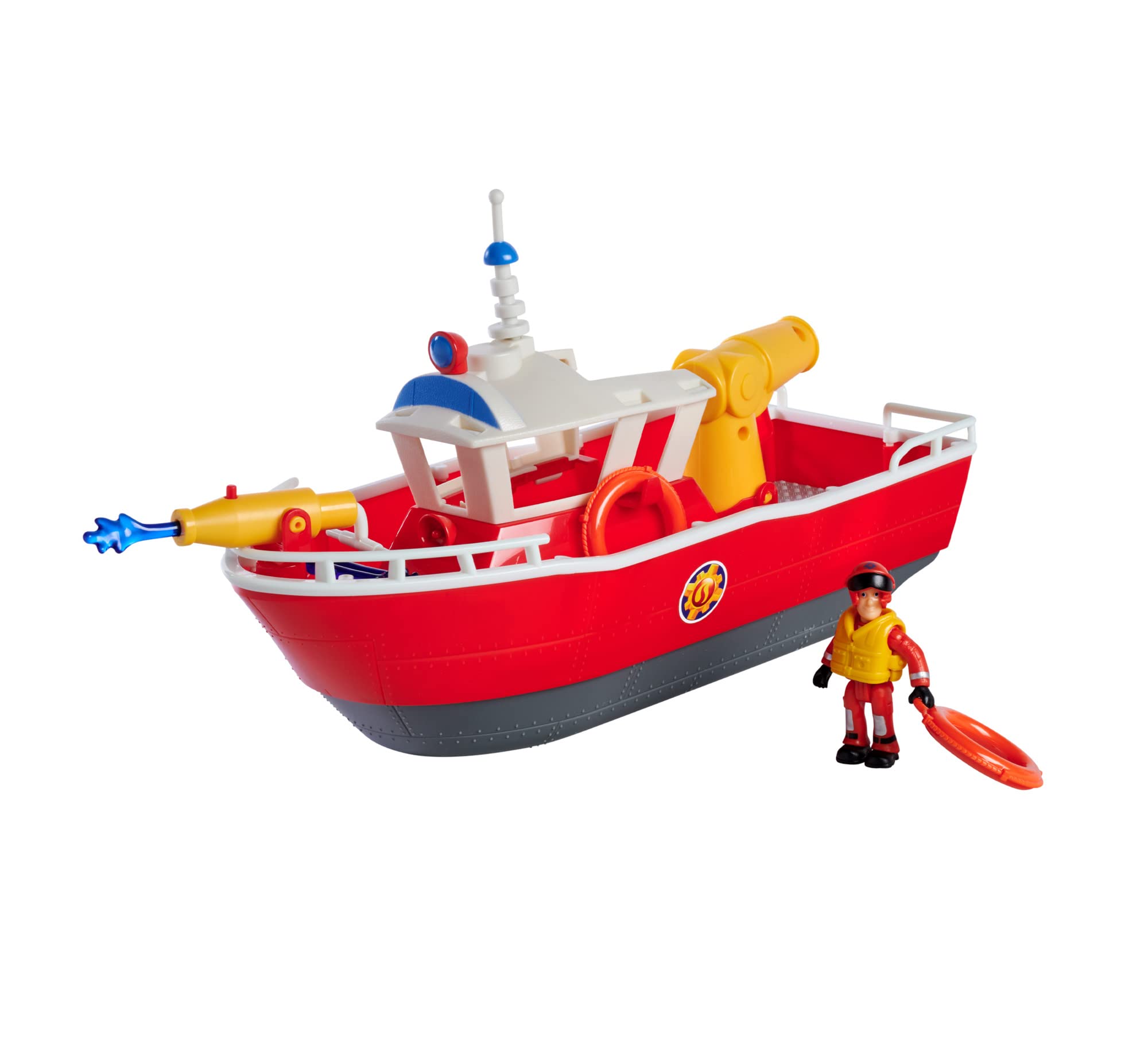 Simba 109252580 - Feuerwehrmann Sam Feuerwehrboot Titan, 32cm, schwimmendes Spielzeug-Schiff, ab 3 Jahre, bespielbar an Land und im Wasser, Badewannenspielzeug mit Wasserkanonen und Figur