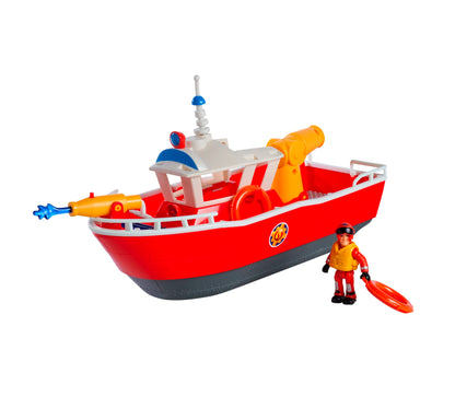 Simba 109252580 - Feuerwehrmann Sam Feuerwehrboot Titan, 32cm, schwimmendes Spielzeug-Schiff, ab 3 Jahre, bespielbar an Land und im Wasser, Badewannenspielzeug mit Wasserkanonen und Figur