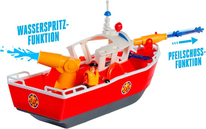 Simba 109252580 - Feuerwehrmann Sam Feuerwehrboot Titan, 32cm, schwimmendes Spielzeug-Schiff, ab 3 Jahre, bespielbar an Land und im Wasser, Badewannenspielzeug mit Wasserkanonen und Figur