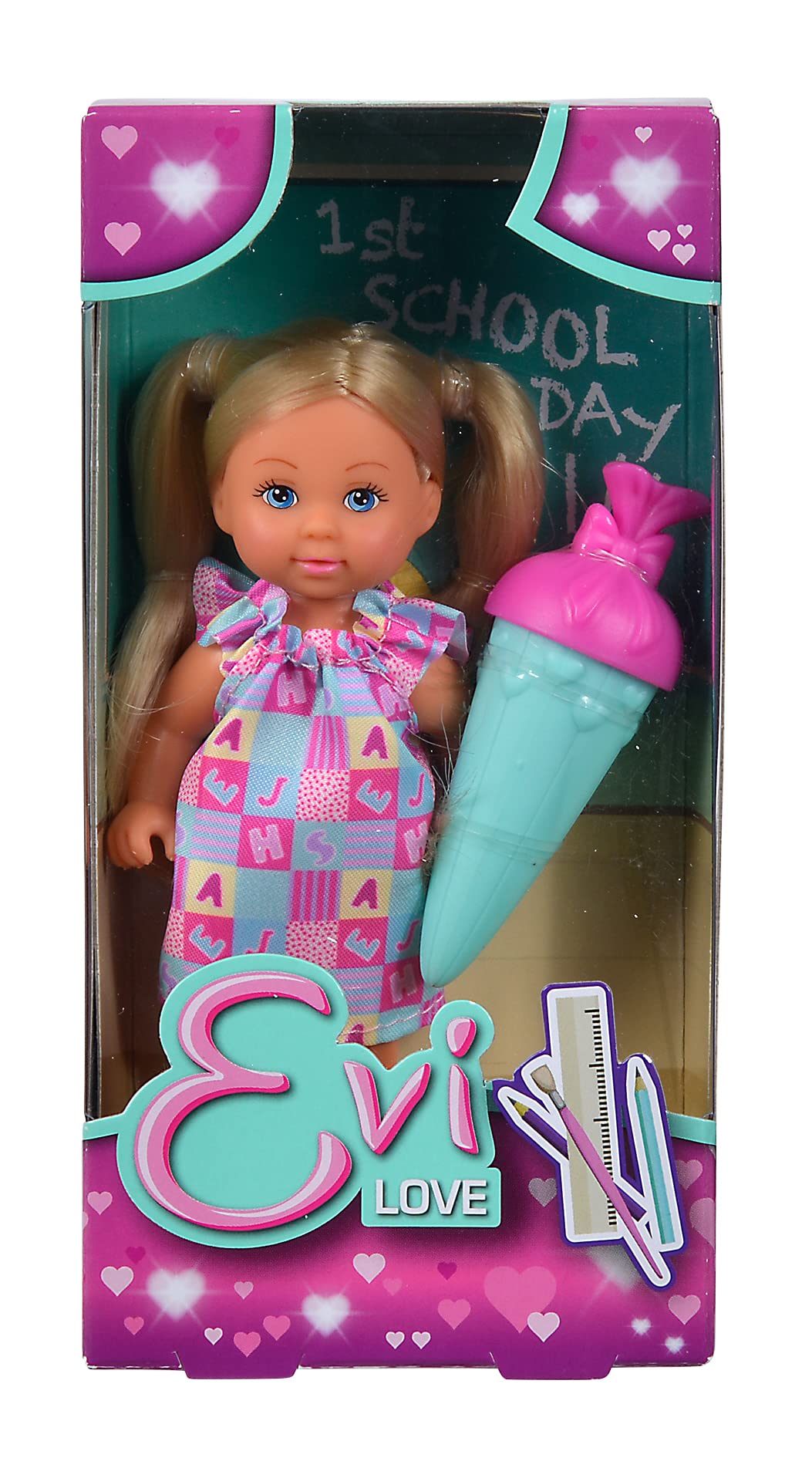 Simba 105733643 Evi Love 1st School Day, Toy Doll on Her First Day of School, in Cute Dress with School Bag, 12 cm, from 3 Years