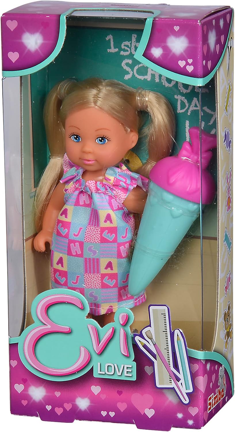 Simba 105733643 Evi Love 1st School Day, Toy Doll on Her First Day of School, in Cute Dress with School Bag, 12 cm, from 3 Years