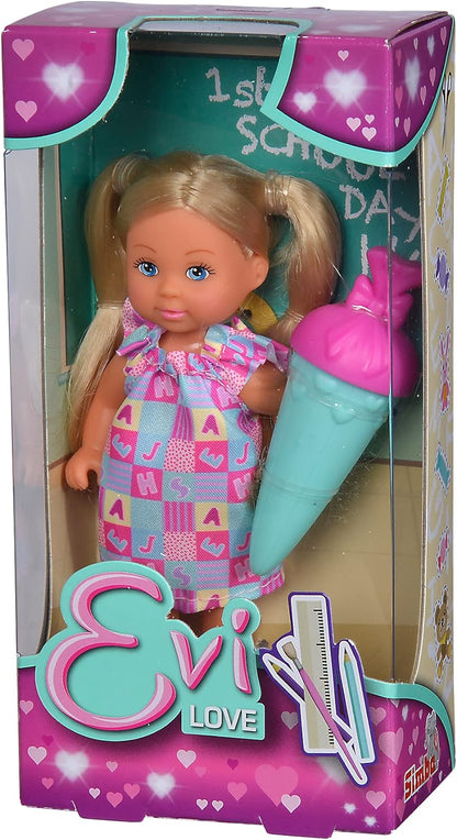 Simba 105733643 Evi Love 1st School Day, Toy Doll on Her First Day of School, in Cute Dress with School Bag, 12 cm, from 3 Years