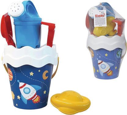 Simba-Sandspielzeug Space-Juego de 6 Cubos, colador, Forma de Arena, Pala, rastrillo, vertedor, 16 cm, diámetro: 17 cm, a Partir de 10 Meses, Color Blanco. (107114608
