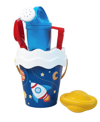 Simba-Sandspielzeug Space-Juego de 6 Cubos, colador, Forma de Arena, Pala, rastrillo, vertedor, 16 cm, diámetro: 17 cm, a Partir de 10 Meses, Color Blanco. (107114608