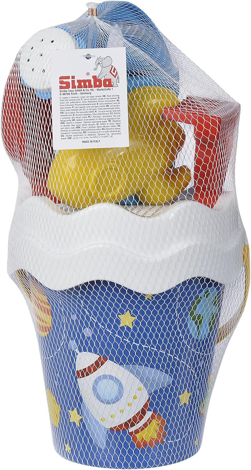 Simba-Sandspielzeug Space-Juego de 6 Cubos, colador, Forma de Arena, Pala, rastrillo, vertedor, 16 cm, diámetro: 17 cm, a Partir de 10 Meses, Color Blanco. (107114608