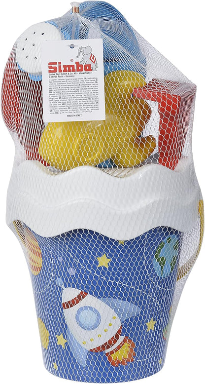 Simba-Sandspielzeug Space-Juego de 6 Cubos, colador, Forma de Arena, Pala, rastrillo, vertedor, 16 cm, diámetro: 17 cm, a Partir de 10 Meses, Color Blanco. (107114608