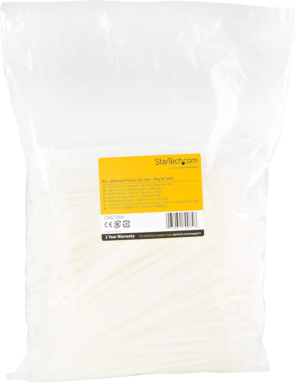 StarTech.com Kabelbinder - 203x4 mm, selbstsichernde Nylon-Kabelbinder mit gebogener Spitze, 22 kg Zugfestigkeit, 94V-2/UL, weiß, 1000 Stück (CBMZT8NK)