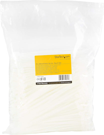 StarTech.com Kabelbinder - 203x4 mm, selbstsichernde Nylon-Kabelbinder mit gebogener Spitze, 22 kg Zugfestigkeit, 94V-2/UL, weiß, 1000 Stück (CBMZT8NK)