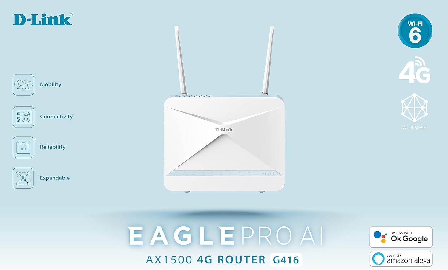 D-Link G416/B EAGLE PRO AI AX1500 4G+ Smart Router with 4G+ LTE Cat 6 Download Up to 300Mbps, Wi-Fi 6, AI Wi-Fi/Traffic Optimiser, Gigabit Ports, WPA3, Wi-Fi Mesh support, Unlocked for All Networks.