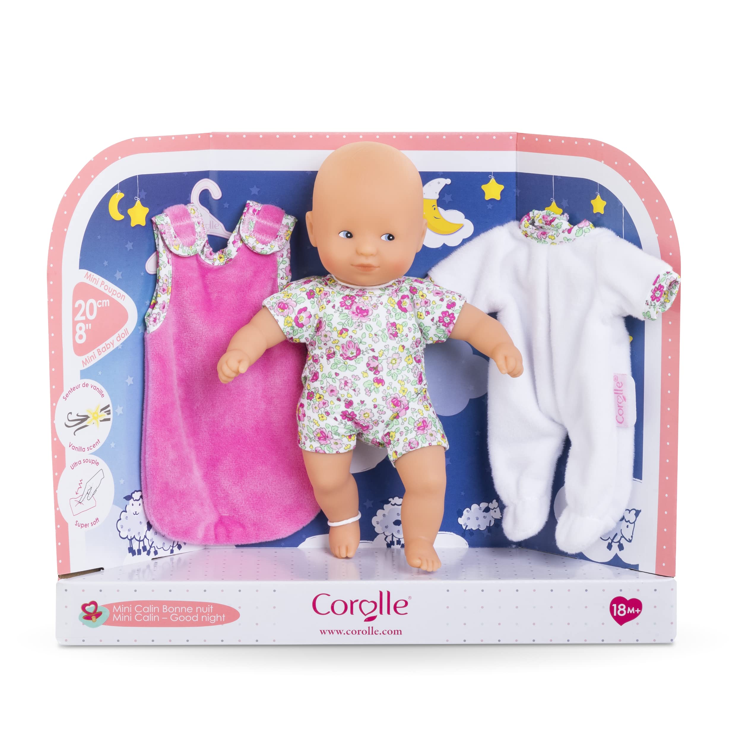 Corolle Mini Calin Good Night Blossom Garden - 8" Soft Baby Doll and Outfit Set Includes Pajamas and Bag Sleeper, Vanilla-Scented, for Kids 18 Months and up