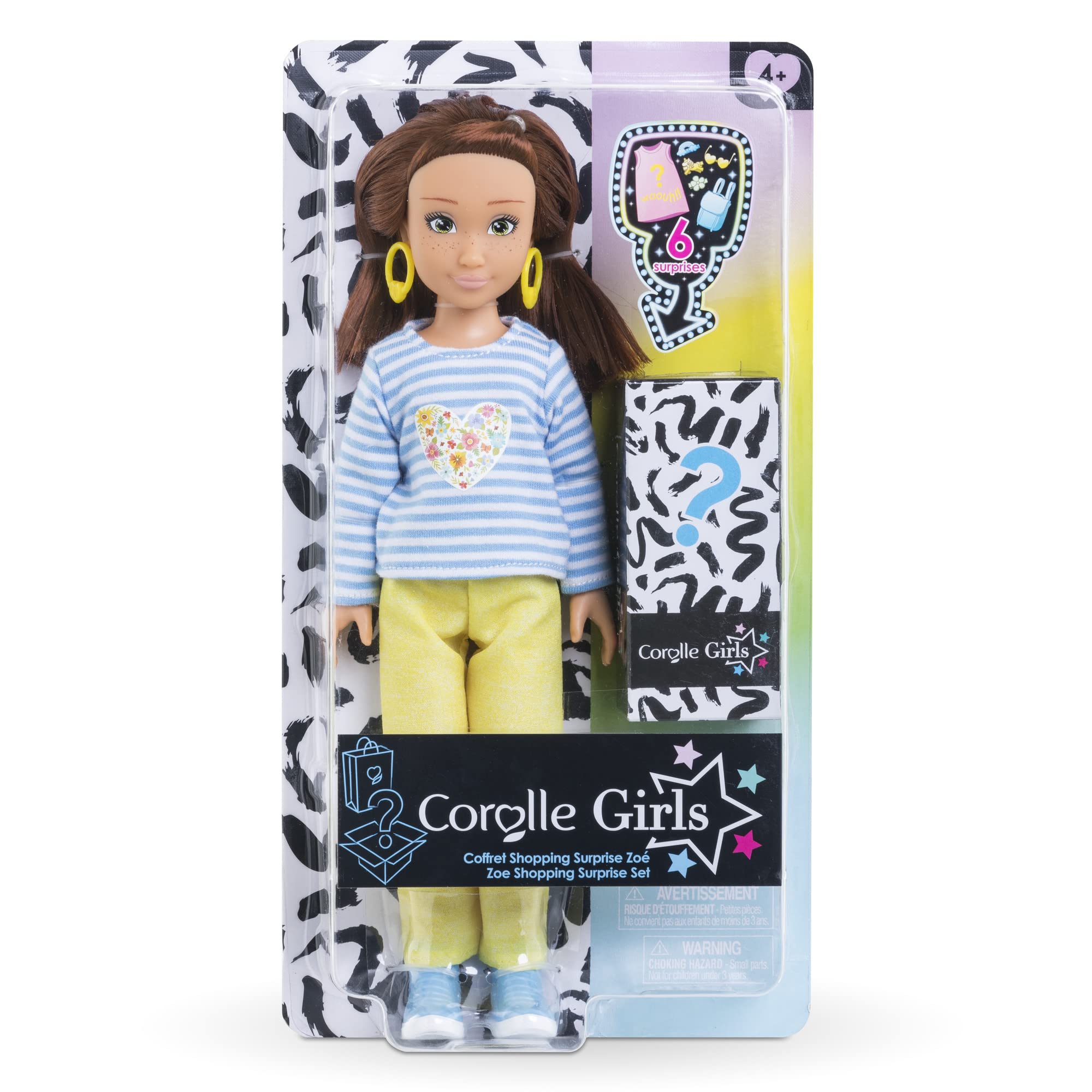 Corolle 9000600100 Girls Zoe Shopping Dressing Up Doll with Earrings and 6 Surprises, Vanilla Scent, 28 cm, from 4 Years, Natural