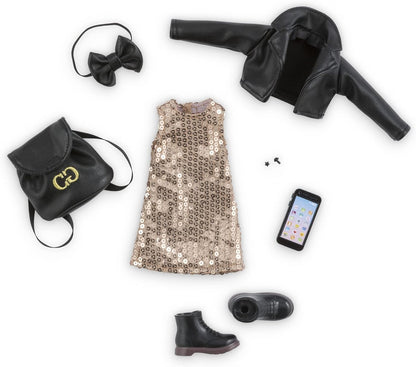 Corolle 9000610090 Accessory Set, Trendy Gold-Black Party Outfit with 7 Pieces, for All 28 cm Girls Dressing Dolls, from 4 Years