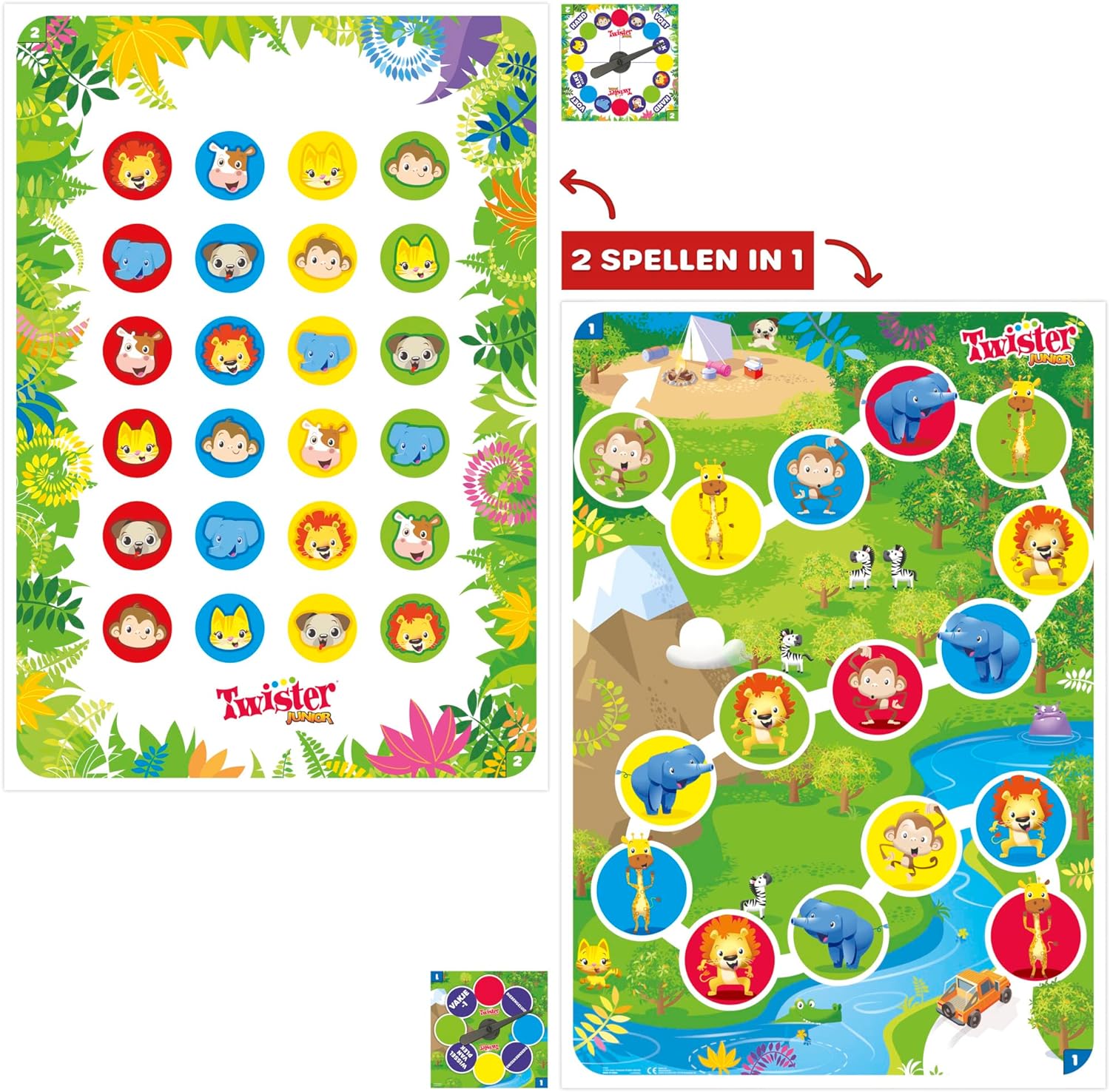 Twister Junior Tierabenteuer, doppelseitige Matte, 2 Spiele in 1, Partyspiel, Innenspiel für 2-4 Spieler (niederländische Version