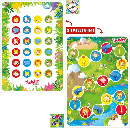 Twister Junior Tierabenteuer, doppelseitige Matte, 2 Spiele in 1, Partyspiel, Innenspiel für 2-4 Spieler (niederländische Version