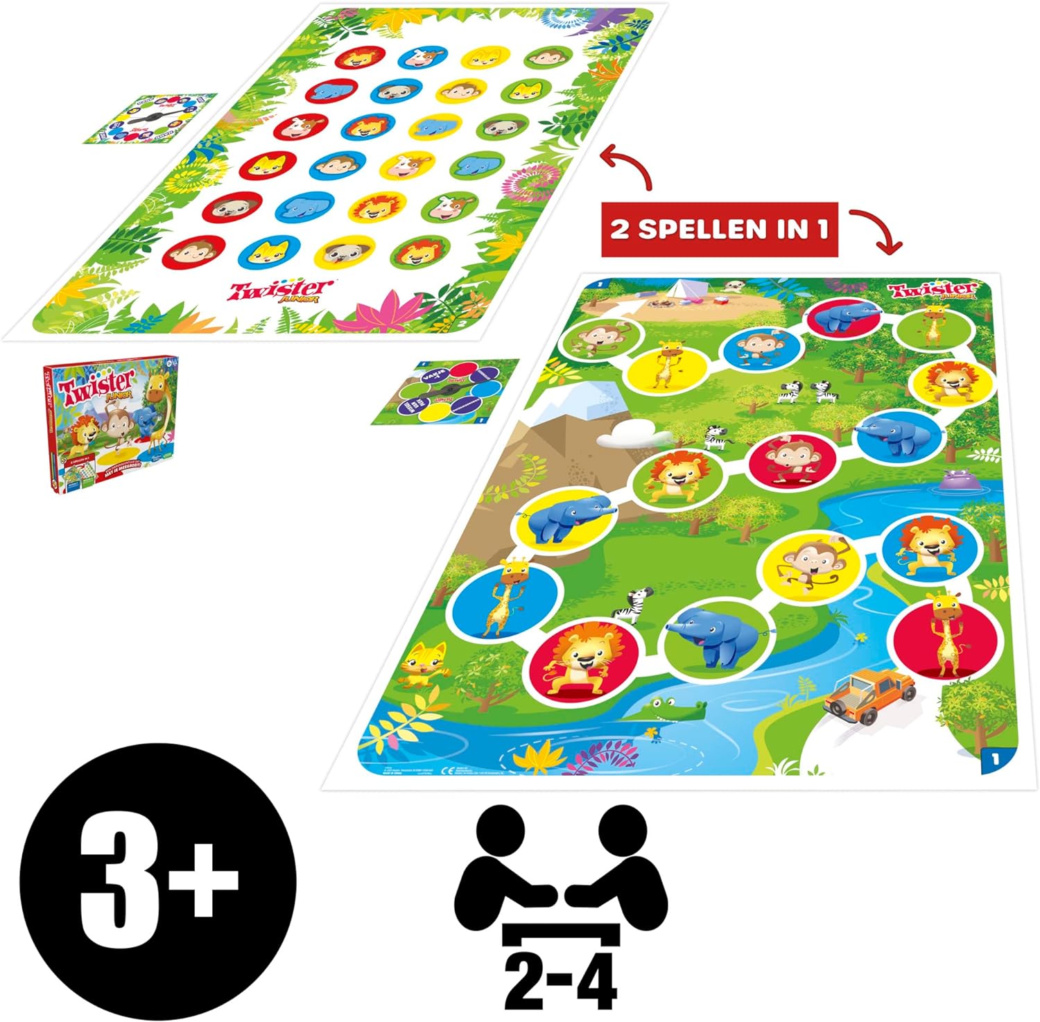 Twister Junior Tierabenteuer, doppelseitige Matte, 2 Spiele in 1, Partyspiel, Innenspiel für 2-4 Spieler (niederländische Version