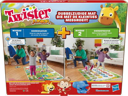 Twister Junior Tierabenteuer, doppelseitige Matte, 2 Spiele in 1, Partyspiel, Innenspiel für 2-4 Spieler (niederländische Version