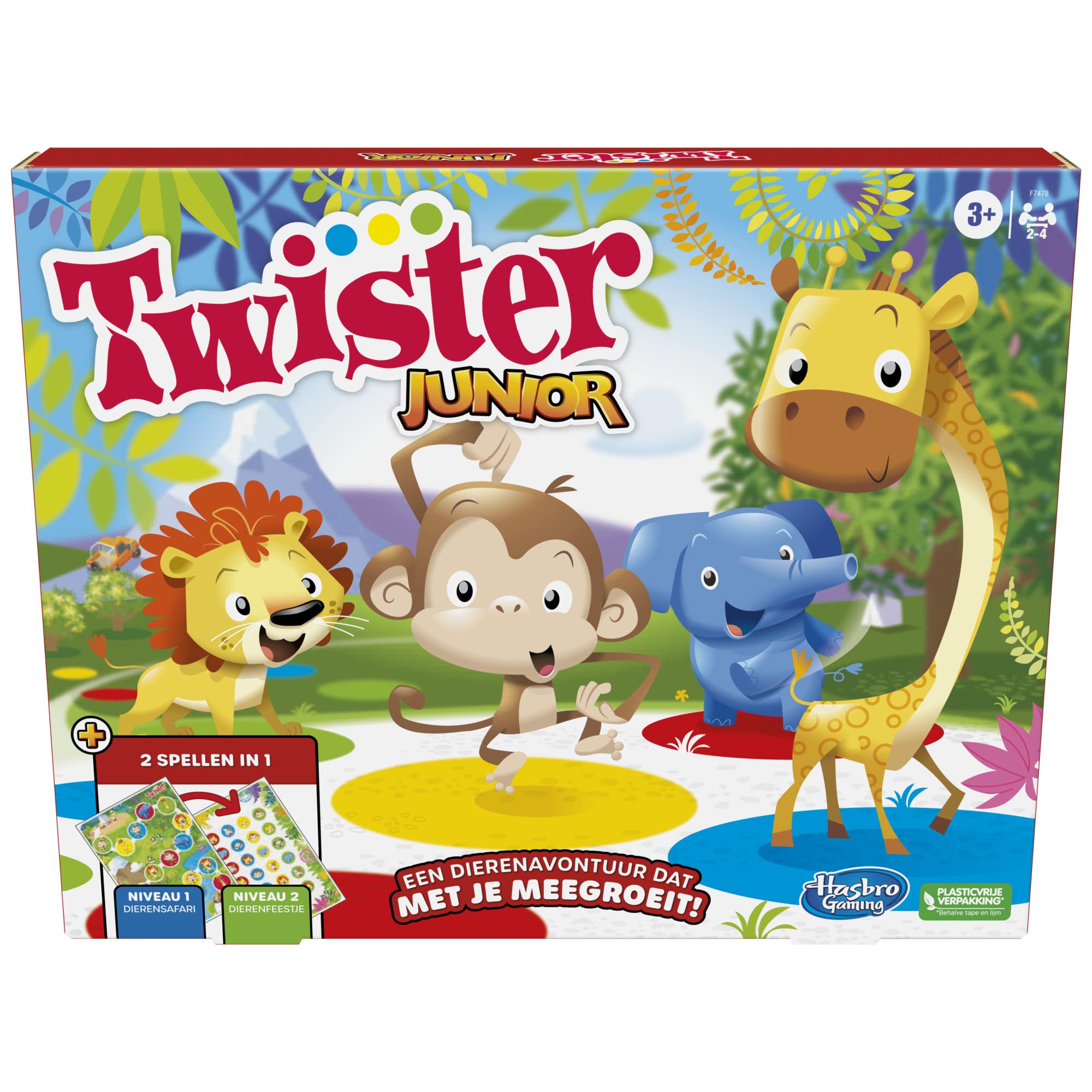Twister Junior Tierabenteuer, doppelseitige Matte, 2 Spiele in 1, Partyspiel, Innenspiel für 2-4 Spieler (niederländische Version
