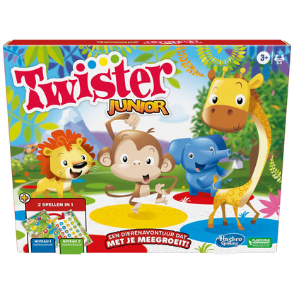 Twister Junior Tierabenteuer, doppelseitige Matte, 2 Spiele in 1, Partyspiel, Innenspiel für 2-4 Spieler (niederländische Version