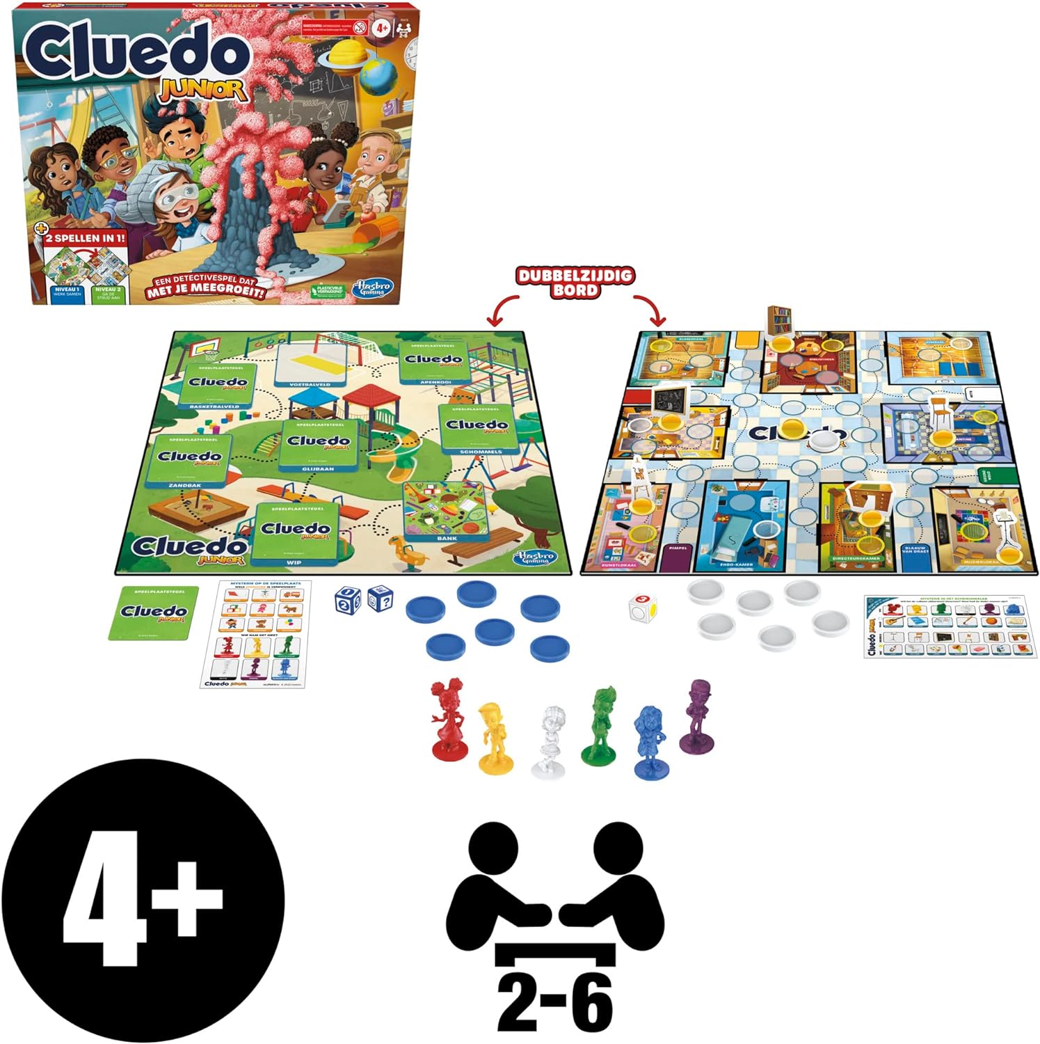Cluedo Junior-Spiel, 2-seitiges Spielbrett, 2 Spiele in 1, Cluedo-Detektivspiel für jüngere Kinder, Brettspiele für Kinder, Junior-Spiele (Niederländische Version