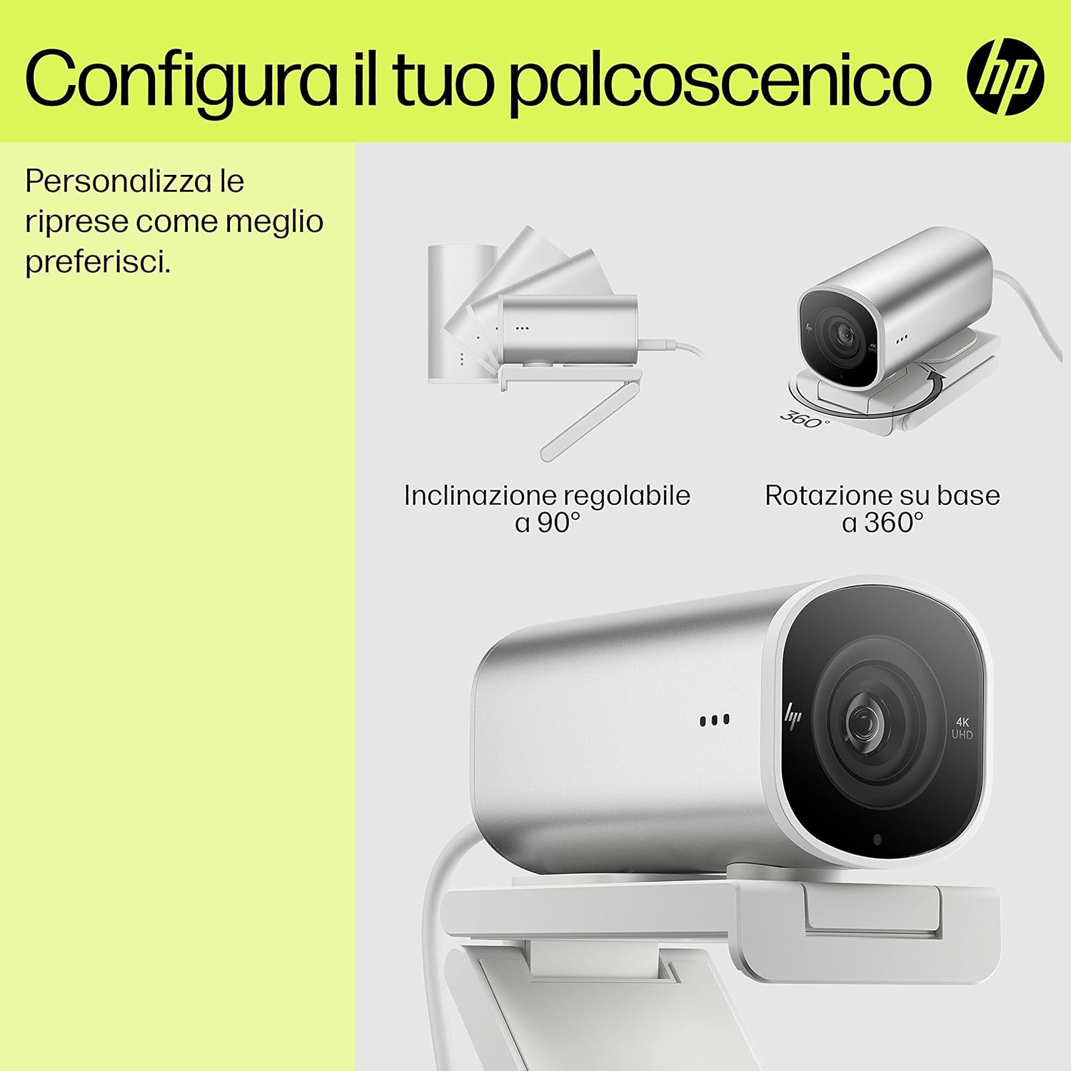 HP 960 HDR 4K Streaming Webcam - AI Enhanced, Automated Colour Correction and Focus, Dual Microphones, 360° Swivel, 90° Tilt, Magnetic Lens Privacy Cover, Flexible Mounting