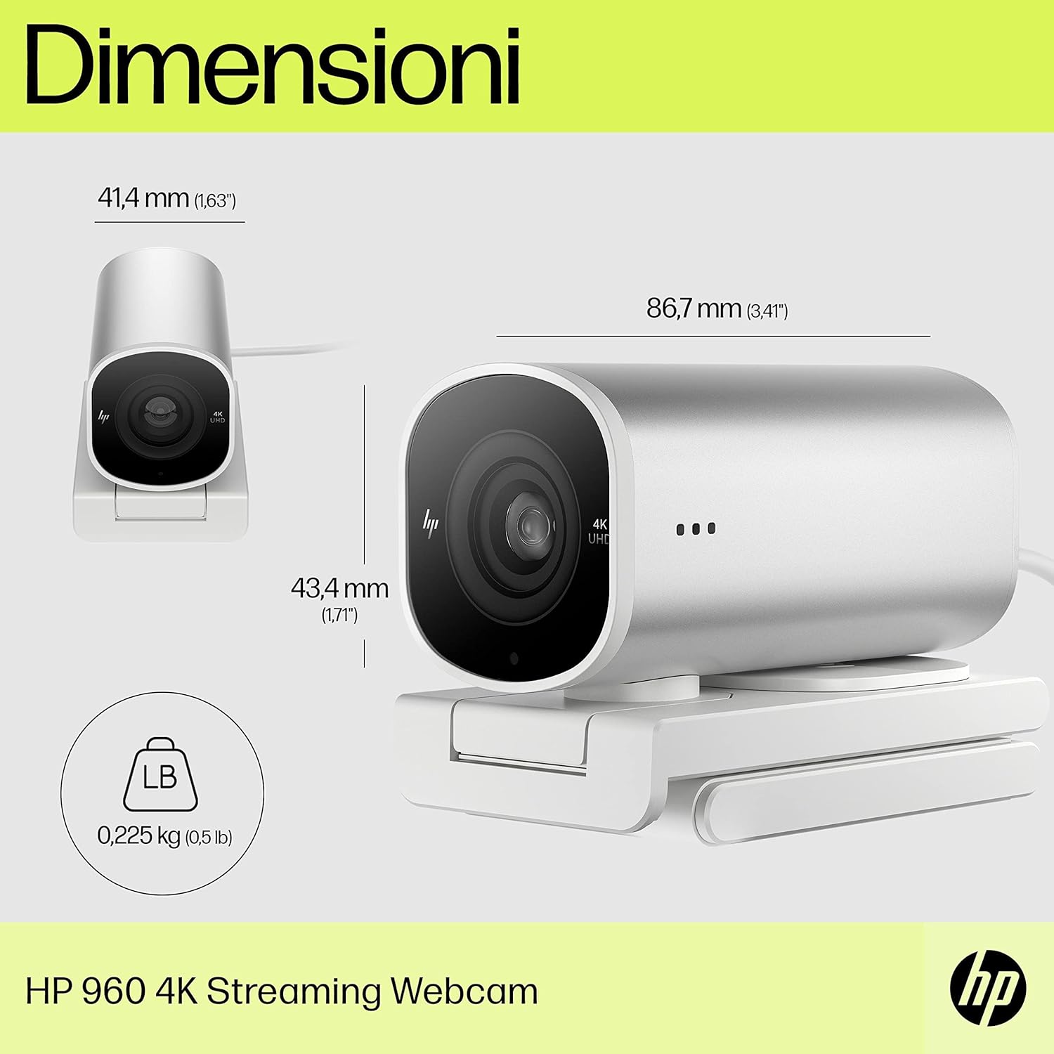 HP 960 HDR 4K Streaming Webcam - AI Enhanced, Automated Colour Correction and Focus, Dual Microphones, 360° Swivel, 90° Tilt, Magnetic Lens Privacy Cover, Flexible Mounting